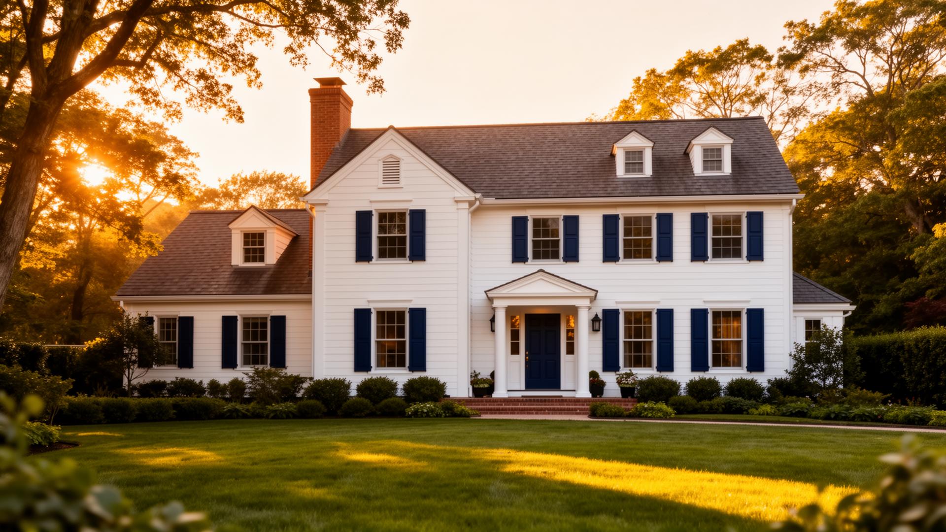 Freshly painted Long Island colonial home at golden hour